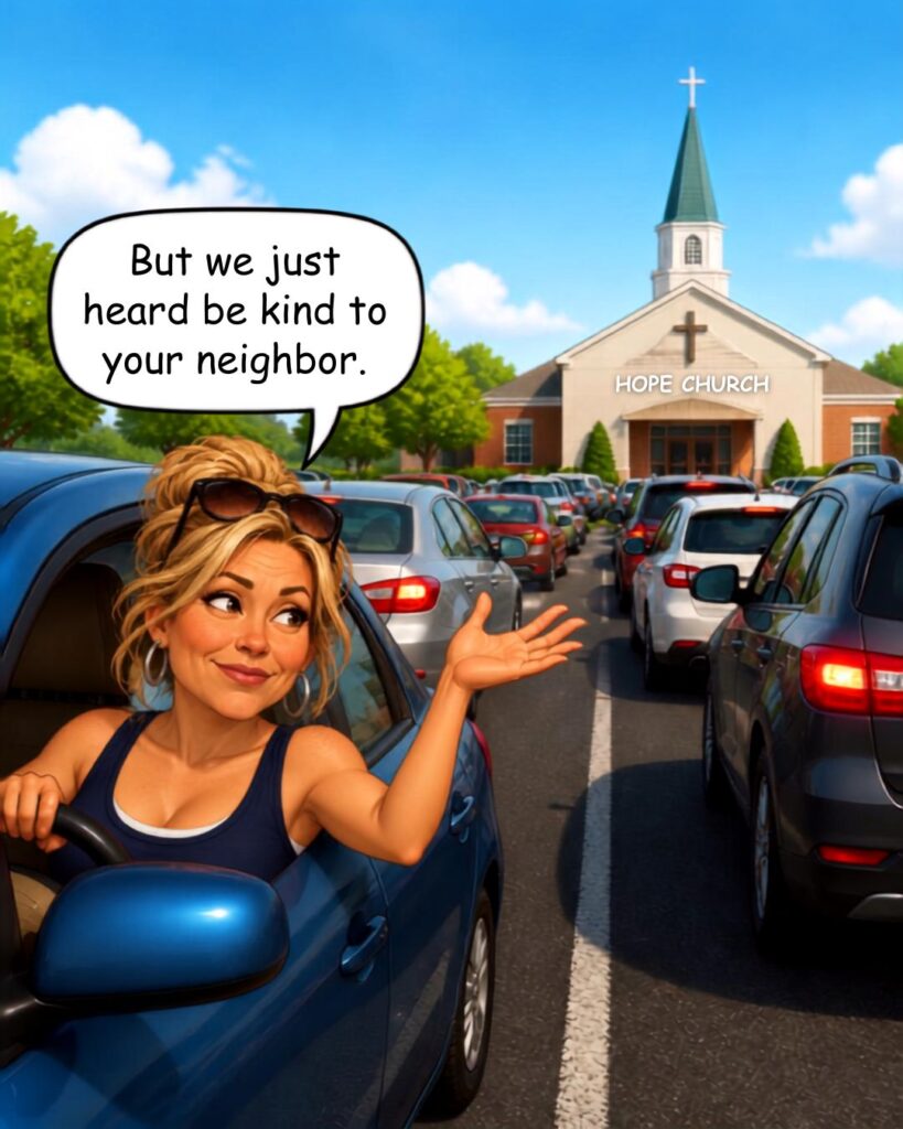 Woman in church parking lot saying But we just heard be kind to your neighbor - 10minutesermons.com