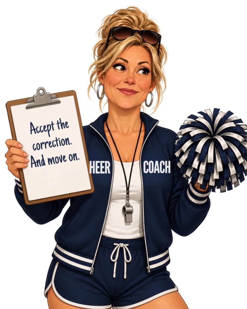 Accept the correction and move on - cheer coach meme - 10minutesermons.com