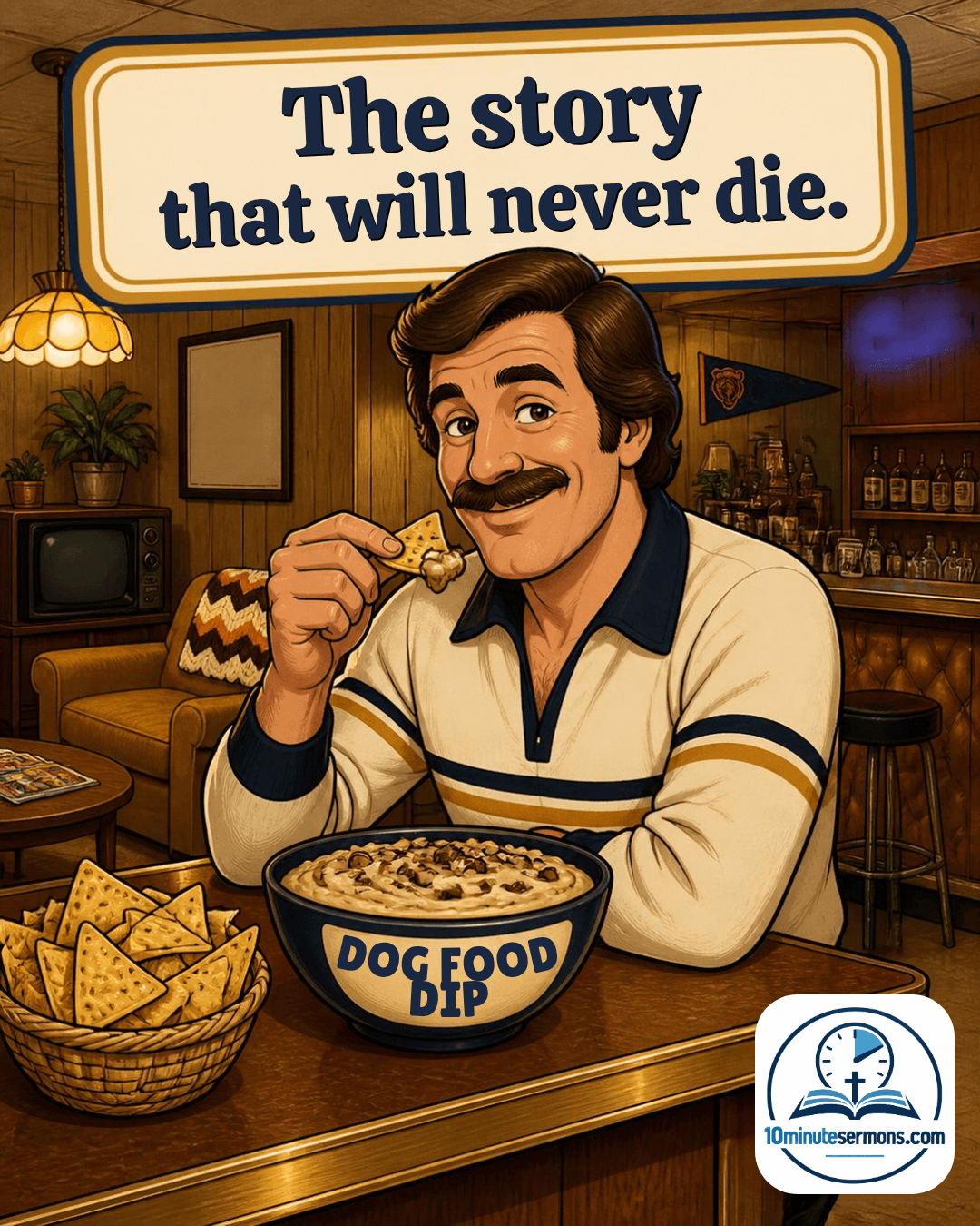 The Story That Won't Die - man eating dog food dip at bar - 10minutesermons.com