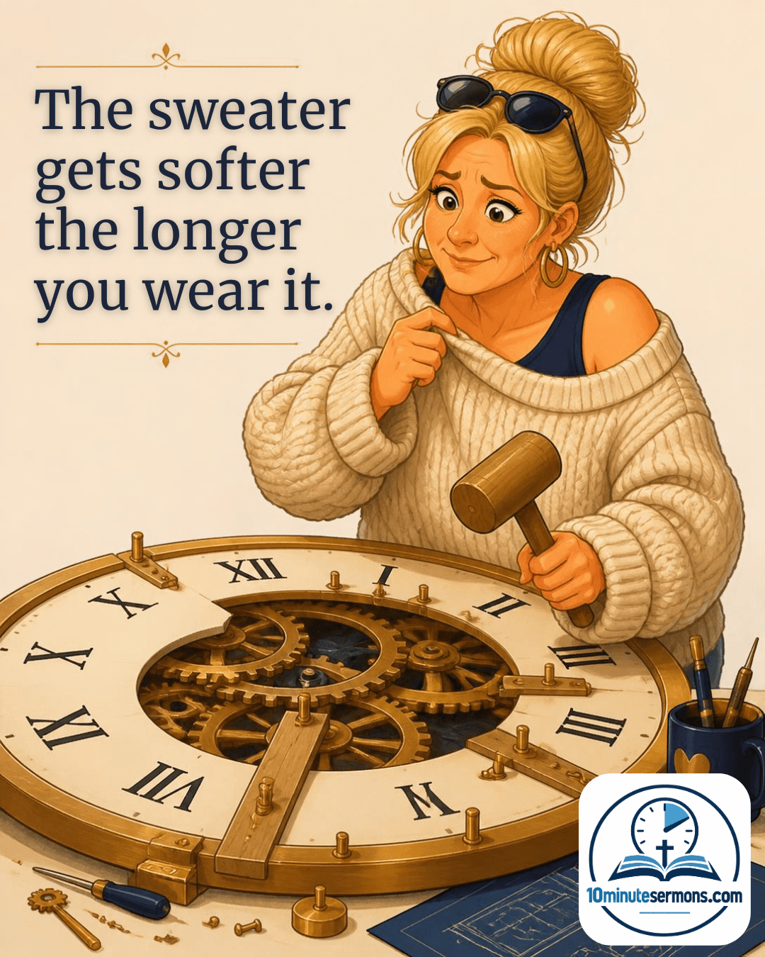 The Itchy Sweater meme - woman in sweater building clock
