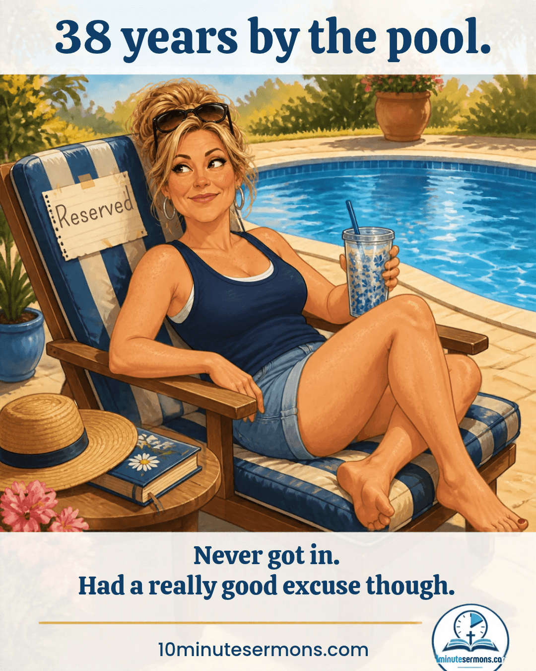38 years by the pool. Never got in. Had a really good excuse though. - Blockage meme from 10minutesermons.com