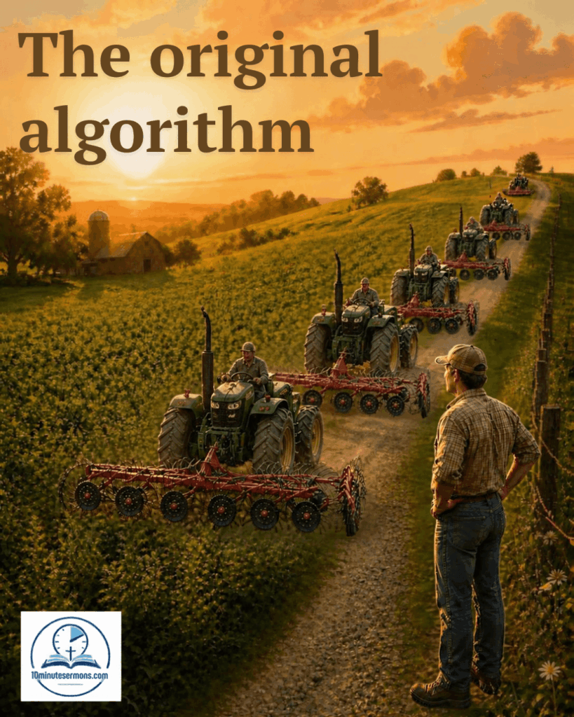 The original algorithm — neighbors driving hay balers and tractors down a gravel road through alfalfa fields to help a fellow farmer, with 10minutesermons.com logo