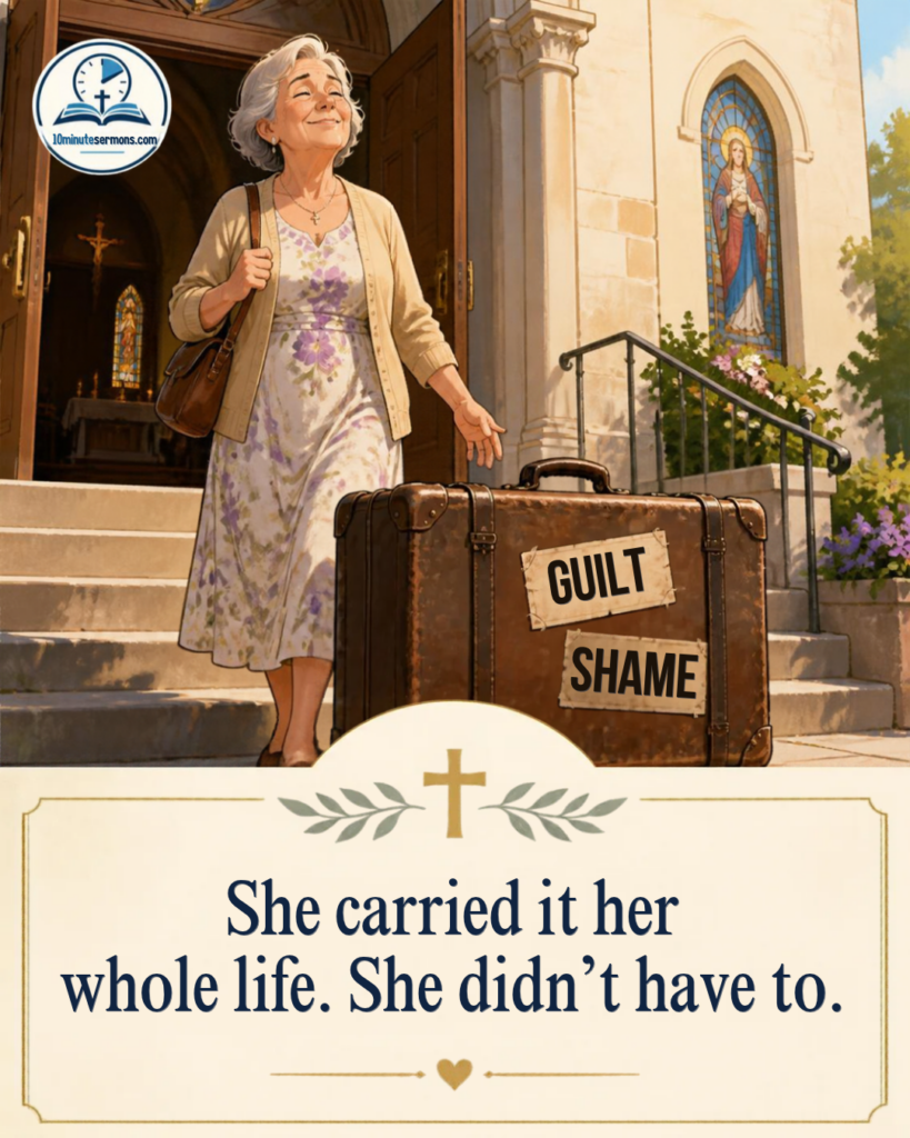 Woman leaving a suitcase labeled Guilt and Shame on church steps - She carried it her whole life, she didn't have to - 10 Minute Sermons Declaration of Nullity