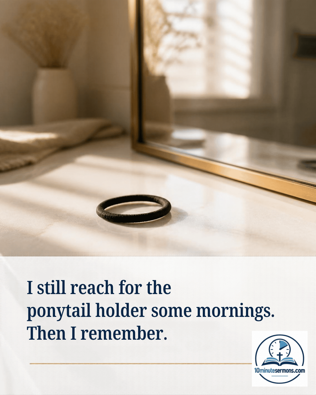A ponytail holder sits on a bathroom counter next to a mirror — I still reach for the ponytail holder some mornings, then I remember